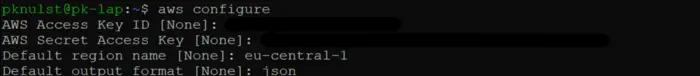 Use aws configure to set up AWS access key, secret key, region and output format