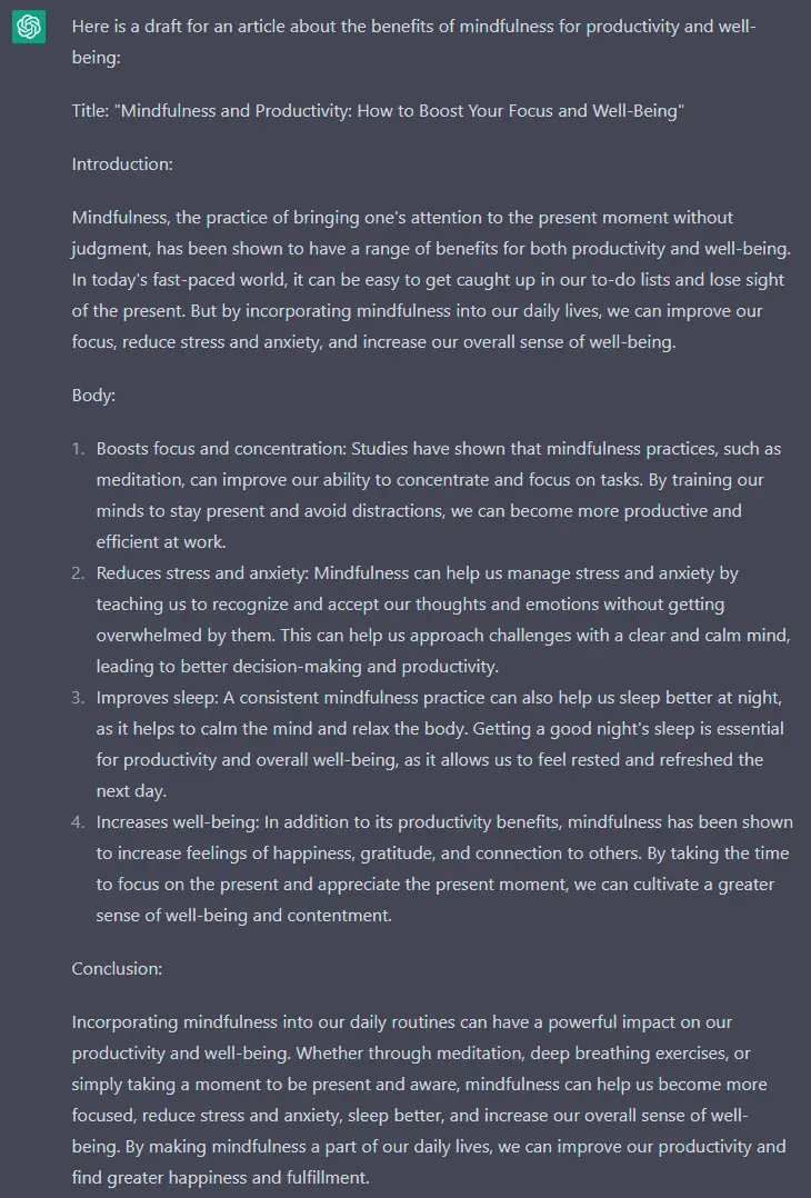 Improve Your Workflow With ChatGPT - result of generate an article draft