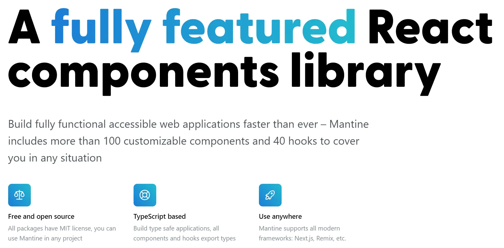 Screenshot of react component library mantine.dev homepage showing its features.